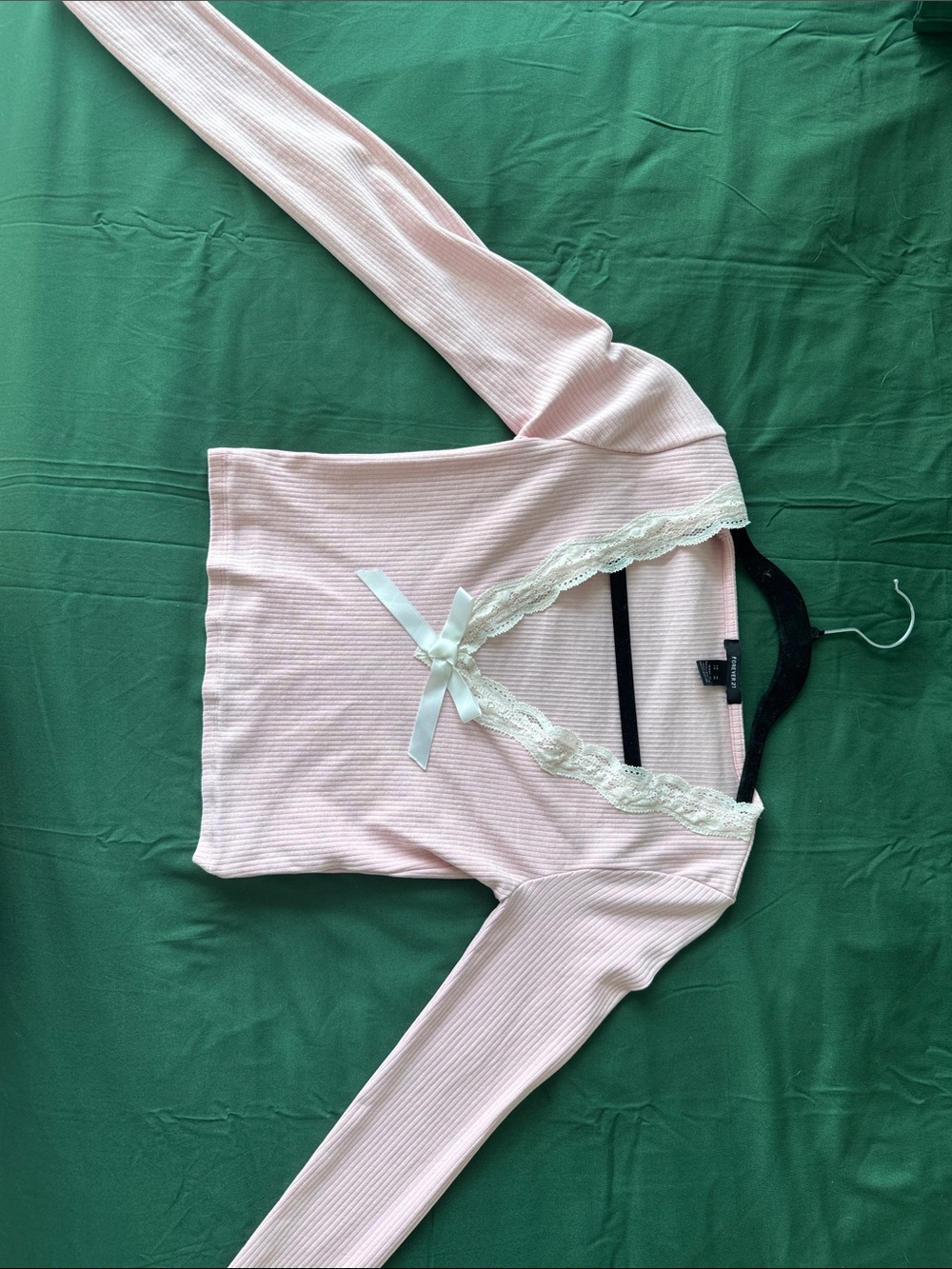 Forever 21 Pale Pink Lace-Trim Ribbed Long Sleeve Top